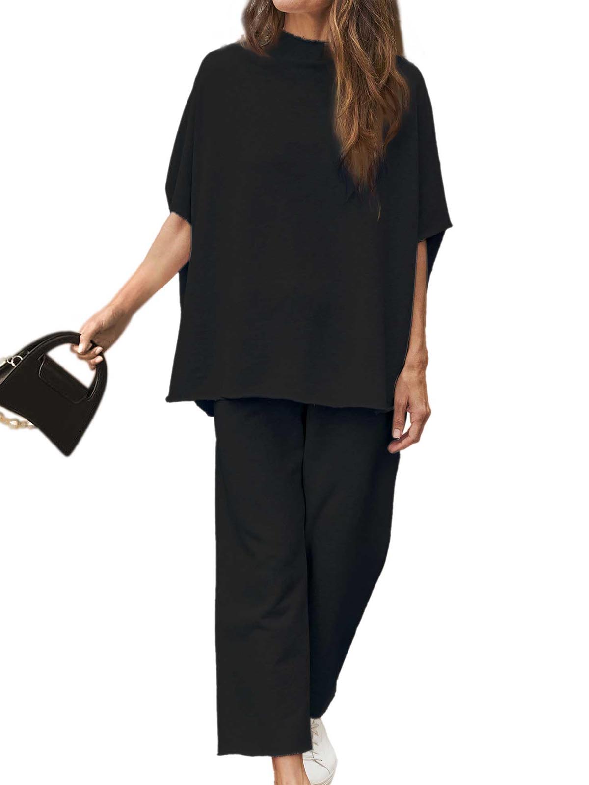 Limited time sale🔥Women's 2 Piece Outfits 3/4 Batwing Sleeve Pullover Top Wide Leg Pants Lounge Set