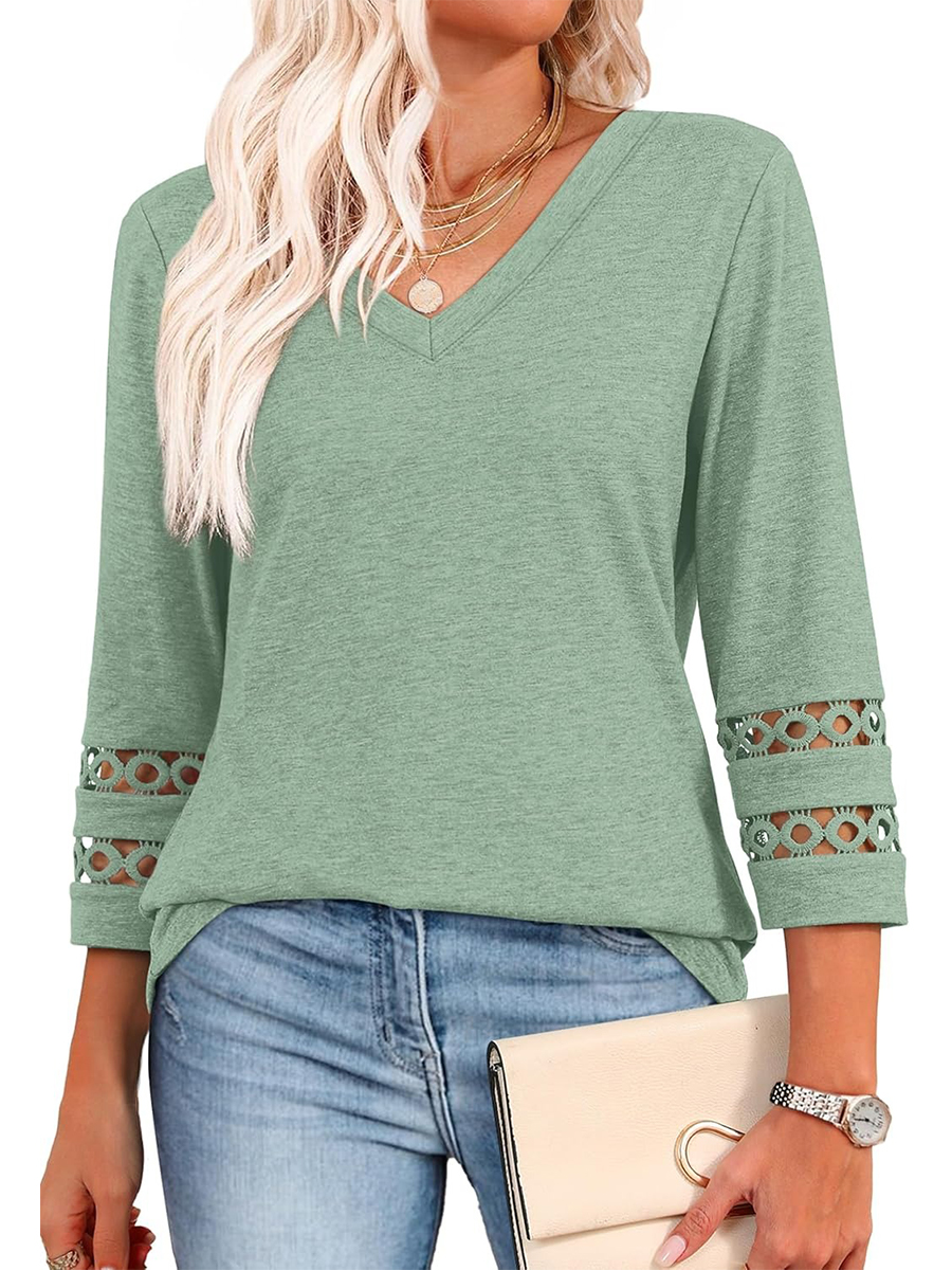 Women's Dressy Casual V Neck Hollow 3/4 Length Sleeve Tops