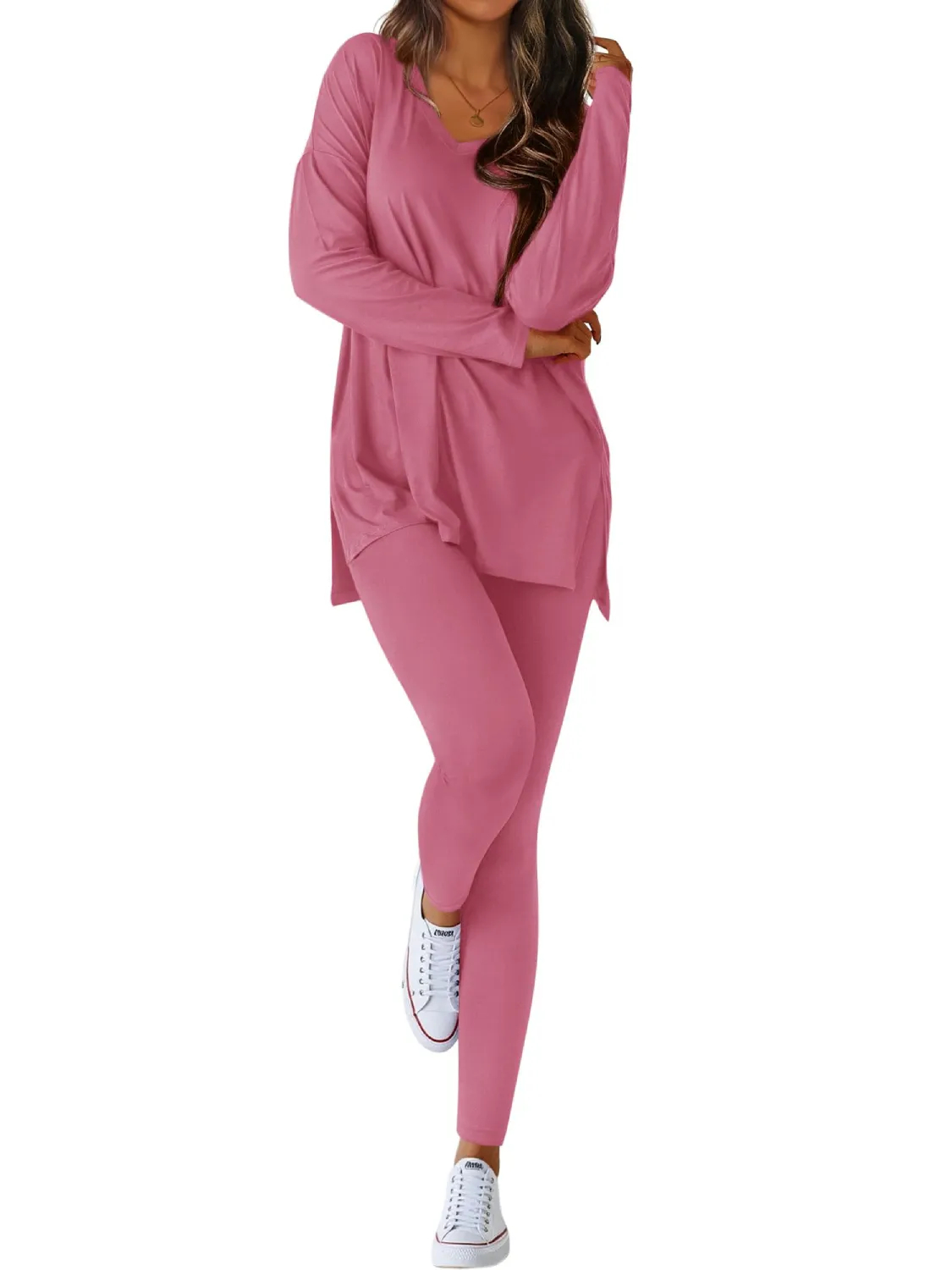 Women's V-neck Oversized Shirts Leggings Casual Lounge Matching Set