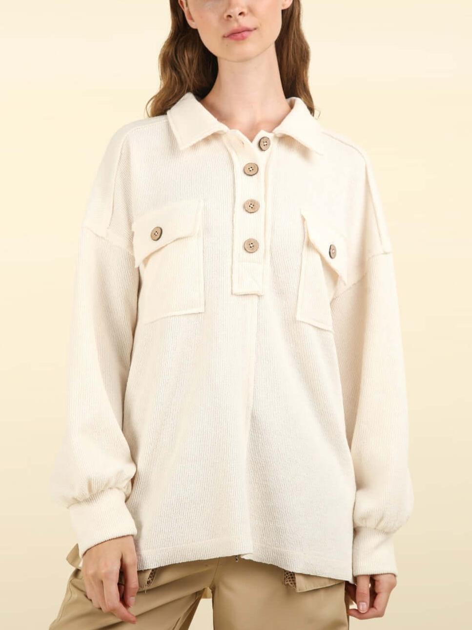 Collared Half Button Knit Top with Pockets