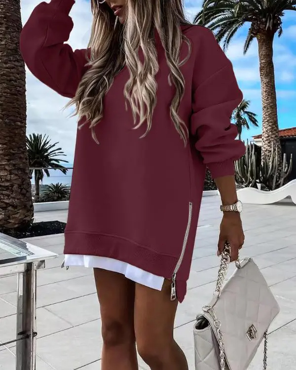 Womens Long Sleeve Pullover Sweatshirt Zipper Slit Casual Dress