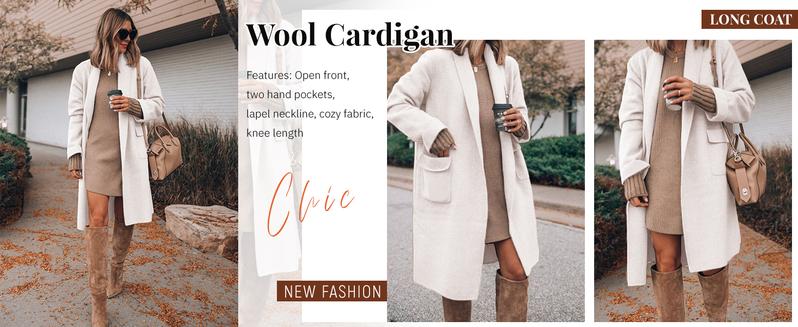 Ommig Women's TikTokShopBlackFriday Long Cardigan Wool Coat Open Front Pockets Warm Lapel Jacket Coat Fall Outerwear