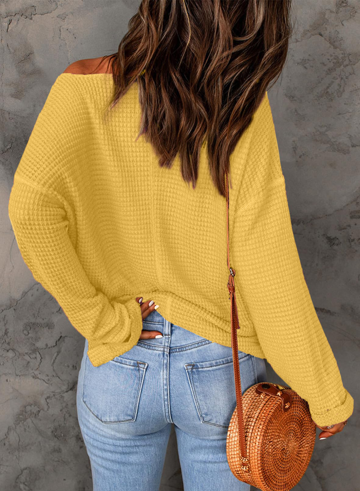 Casual Notched Neck Drop Shoulder Waffle Knit Top
