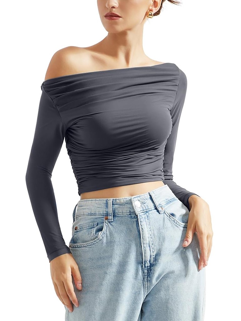 HOT SALE Women's Off Shoulder Ruched Long Sleeve Fitted Crop Tops