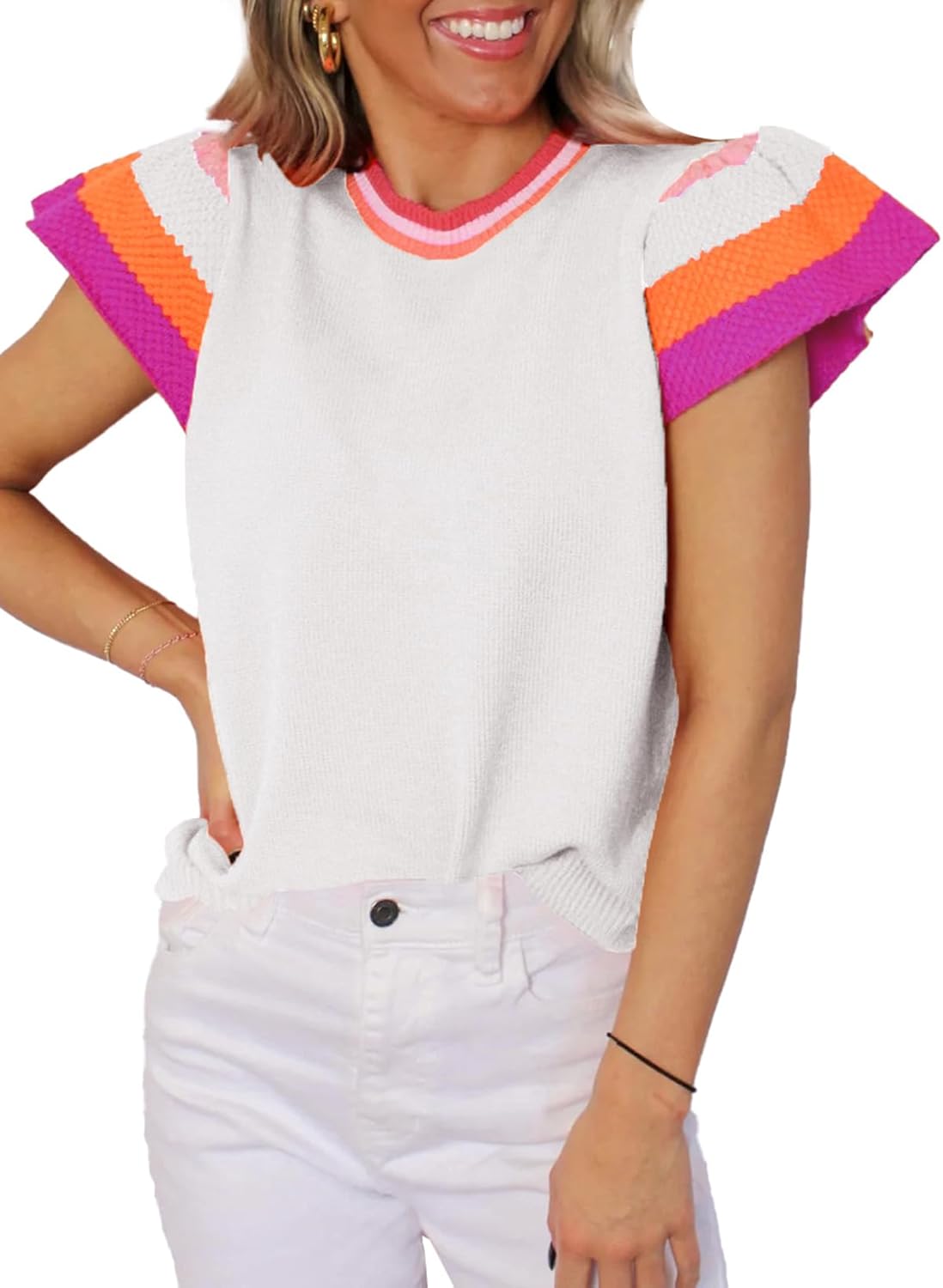 Women’s Casual Knit Pullover with Colorful Cap Sleeves(buy 2 free shipping!!!)