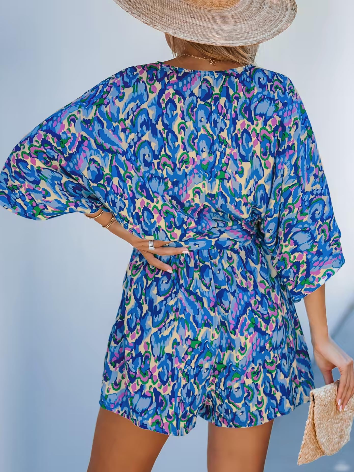 Women's Lace Up Print Romper Short Sleeves Jumpsuits Wide leg Outfit (buy 2 free shipping!!!)