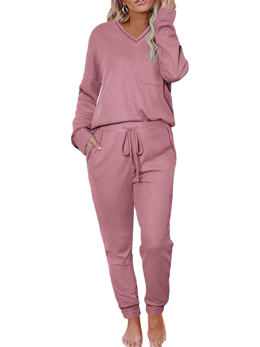 Women's V Neck Waffle Knit Sleepwear Top and Pant Lounge Sets