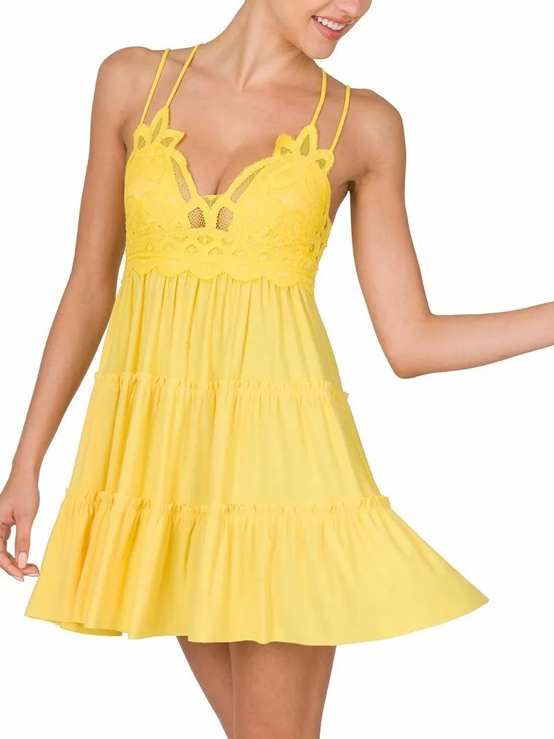 Women's Crochet Lace Ruffle Cami Tiered Ruffle Dress with Pads