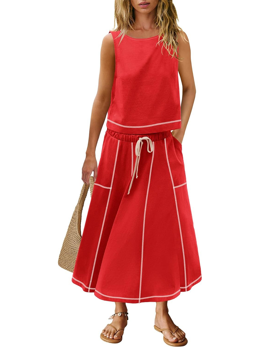 Women's Casual Seam Tank Top and Drawsting Pockets Skirt 2 Piece Set