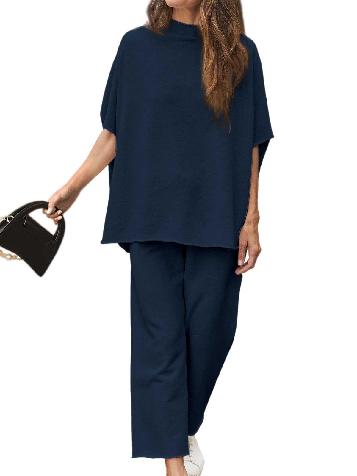 Limited time sale🔥Women's 2 Piece Outfits 3/4 Batwing Sleeve Pullover Top Wide Leg Pants Lounge Set