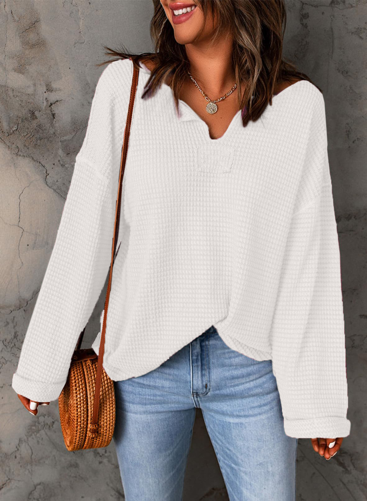 Casual Notched Neck Drop Shoulder Waffle Knit Top