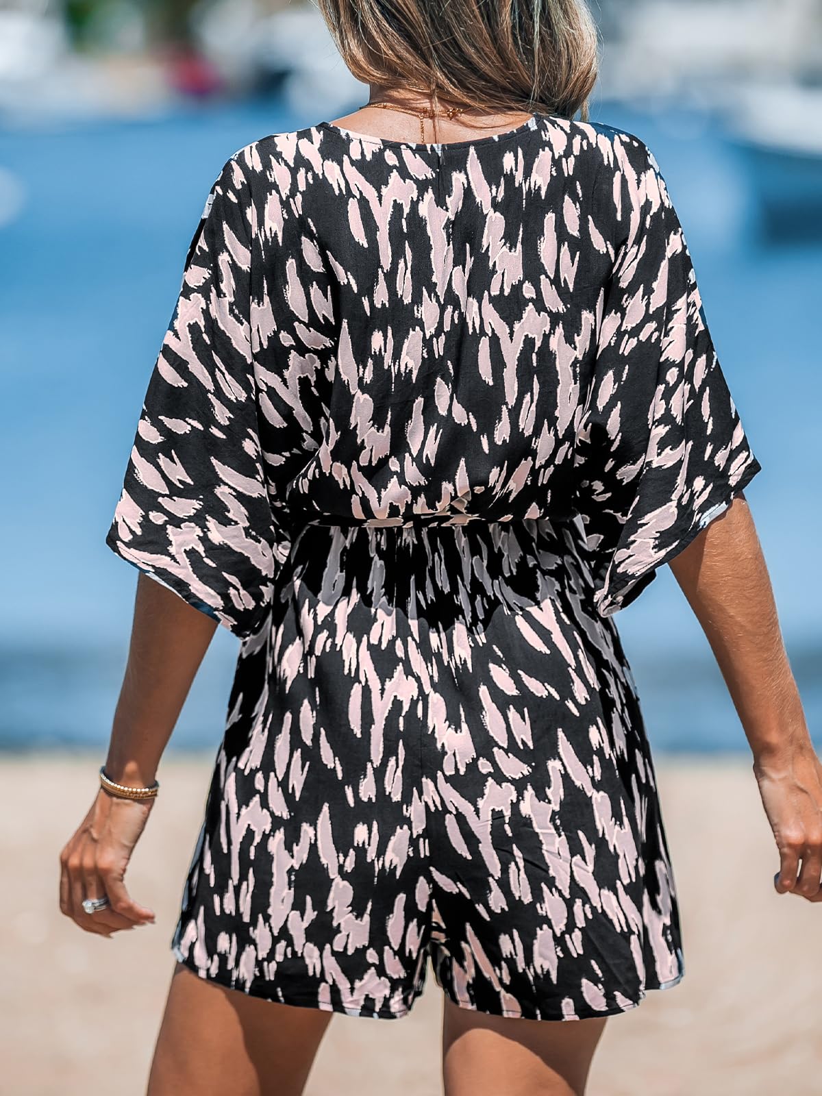 Women's Lace Up Print Romper Short Sleeves Jumpsuits Wide leg Outfit (buy 2 free shipping!!!)