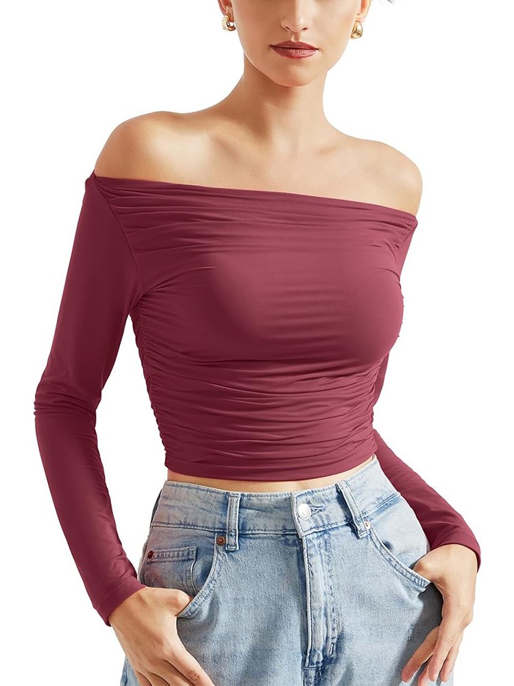 HOT SALE Women's Off Shoulder Ruched Long Sleeve Fitted Crop Tops