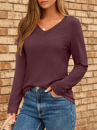 V Neck T Shirts for Women Lace Long Sleeve Tops