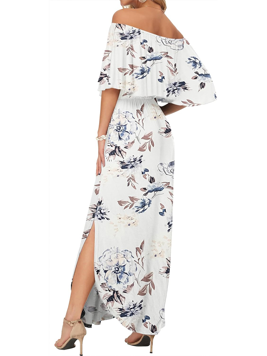 Women's Summer Casual Off Shoulder Ruffle Side Split Maxi Dresses with Pockets