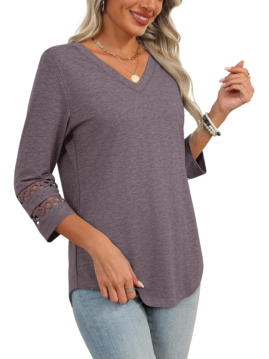 Women's Dressy Casual V Neck Hollow 3/4 Length Sleeve Tops