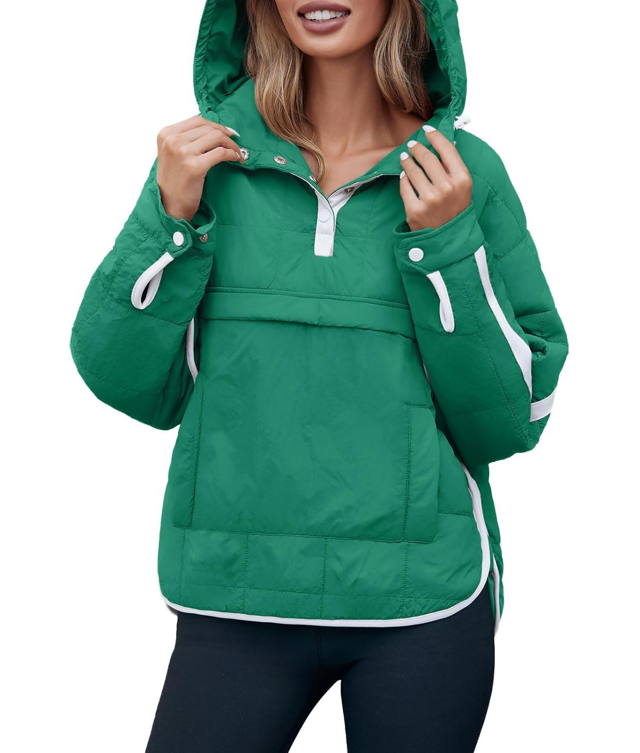 Women's Puffer Quilted Color Block Puffy Pocket Hoodie Jacket