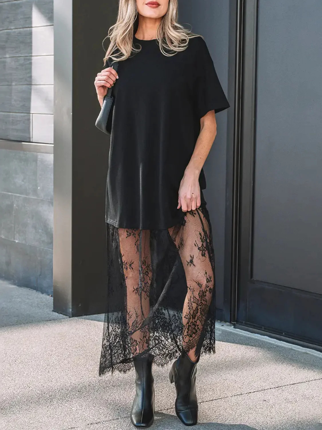 HOT SALE Women's Oversized T-Shirt Maxi Dress with Sheer Lace Hem Drop