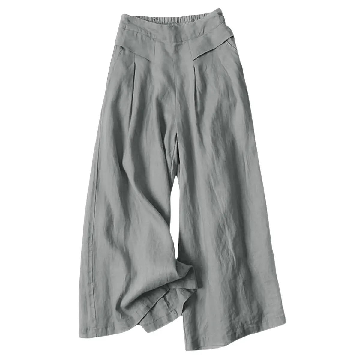 Women's Cotton Linen Culottes Pants Elastic Waist Wide Leg Palazzo Trousers