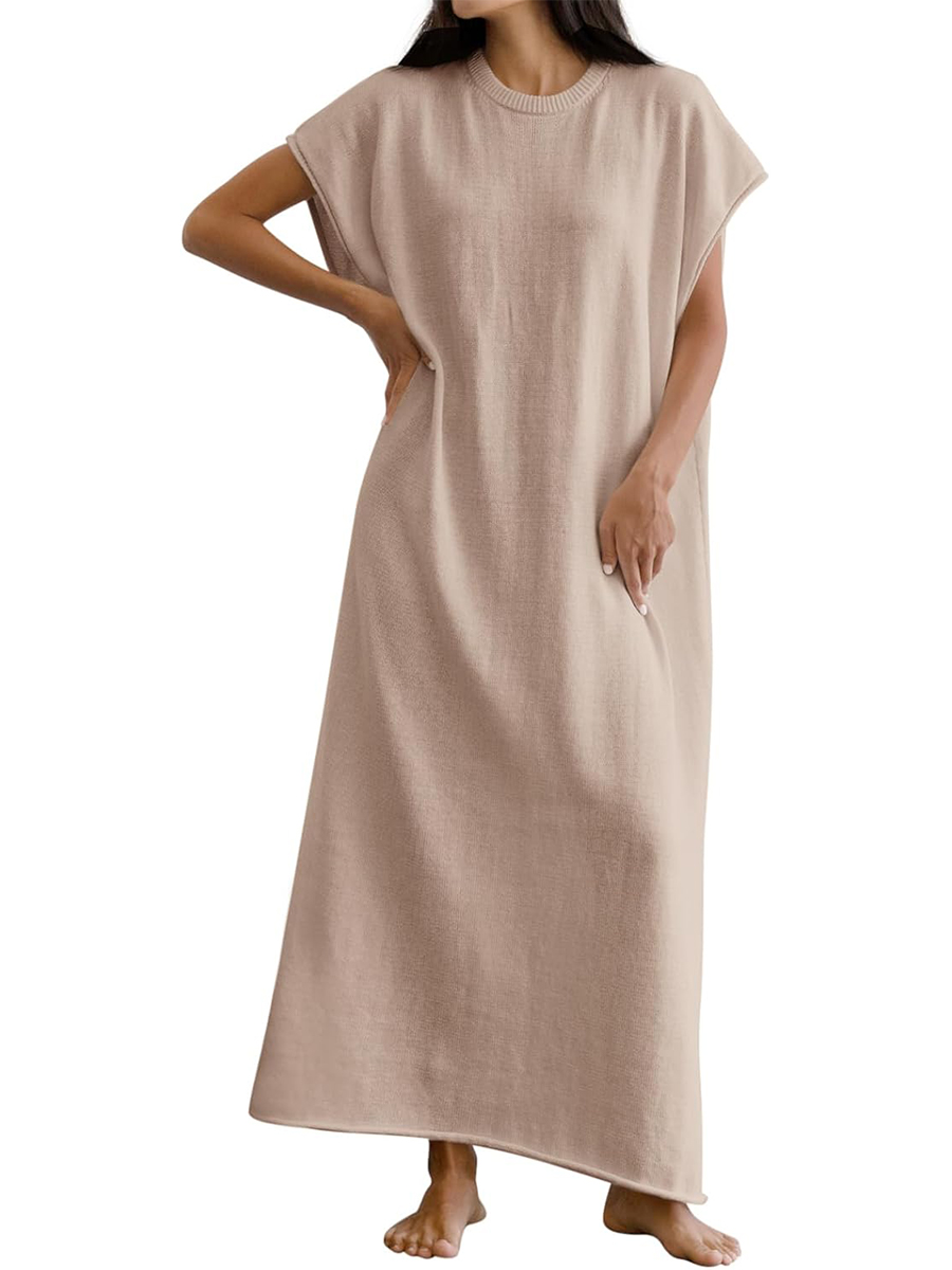 Casual Crewneck Short Sleeve Loose Fit Knit Maxi Dress