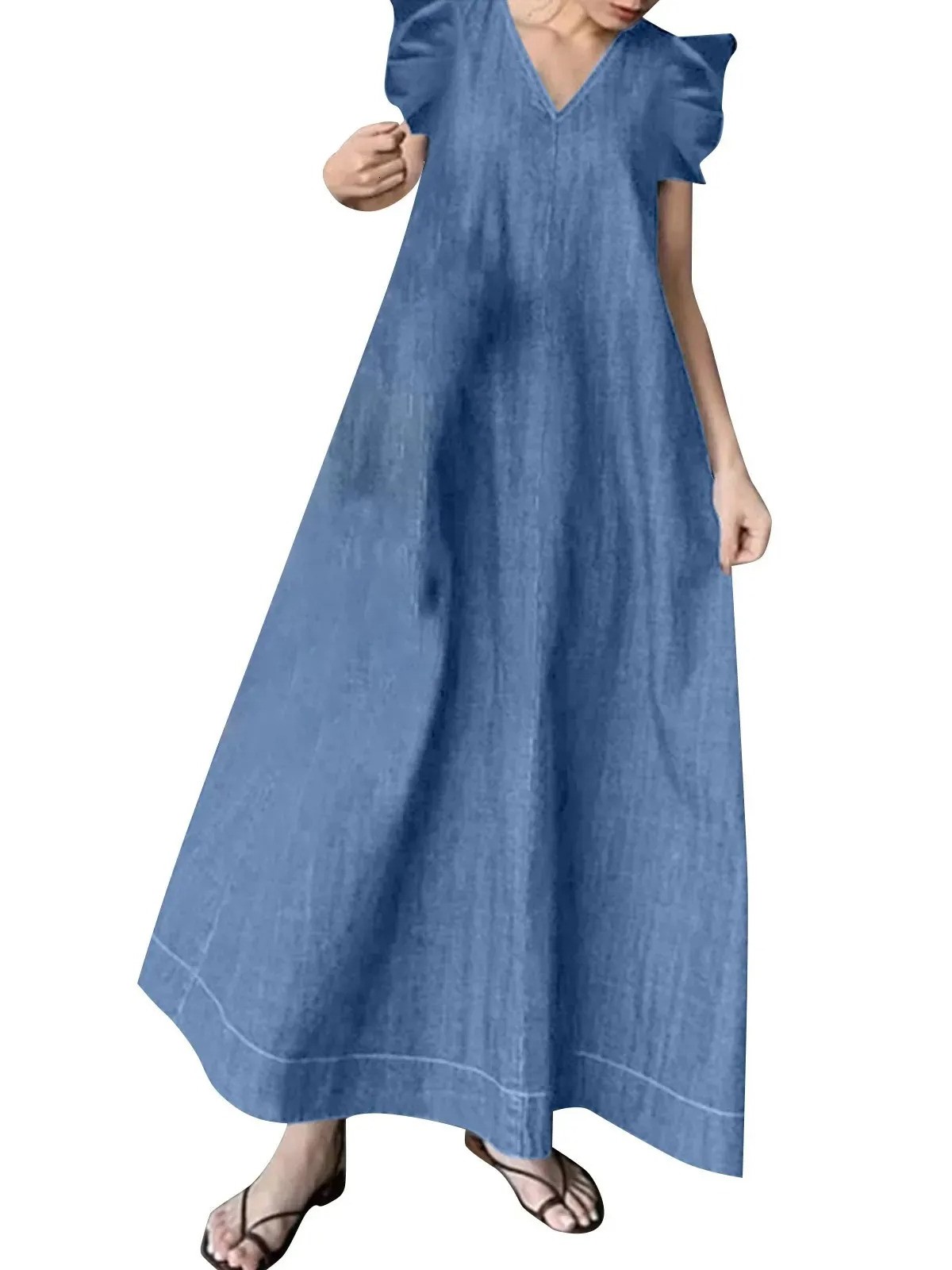 HOT SALE Women's Casual Loose Fit Ruffle Sleeveless V-Neck Denim Maxi Dress