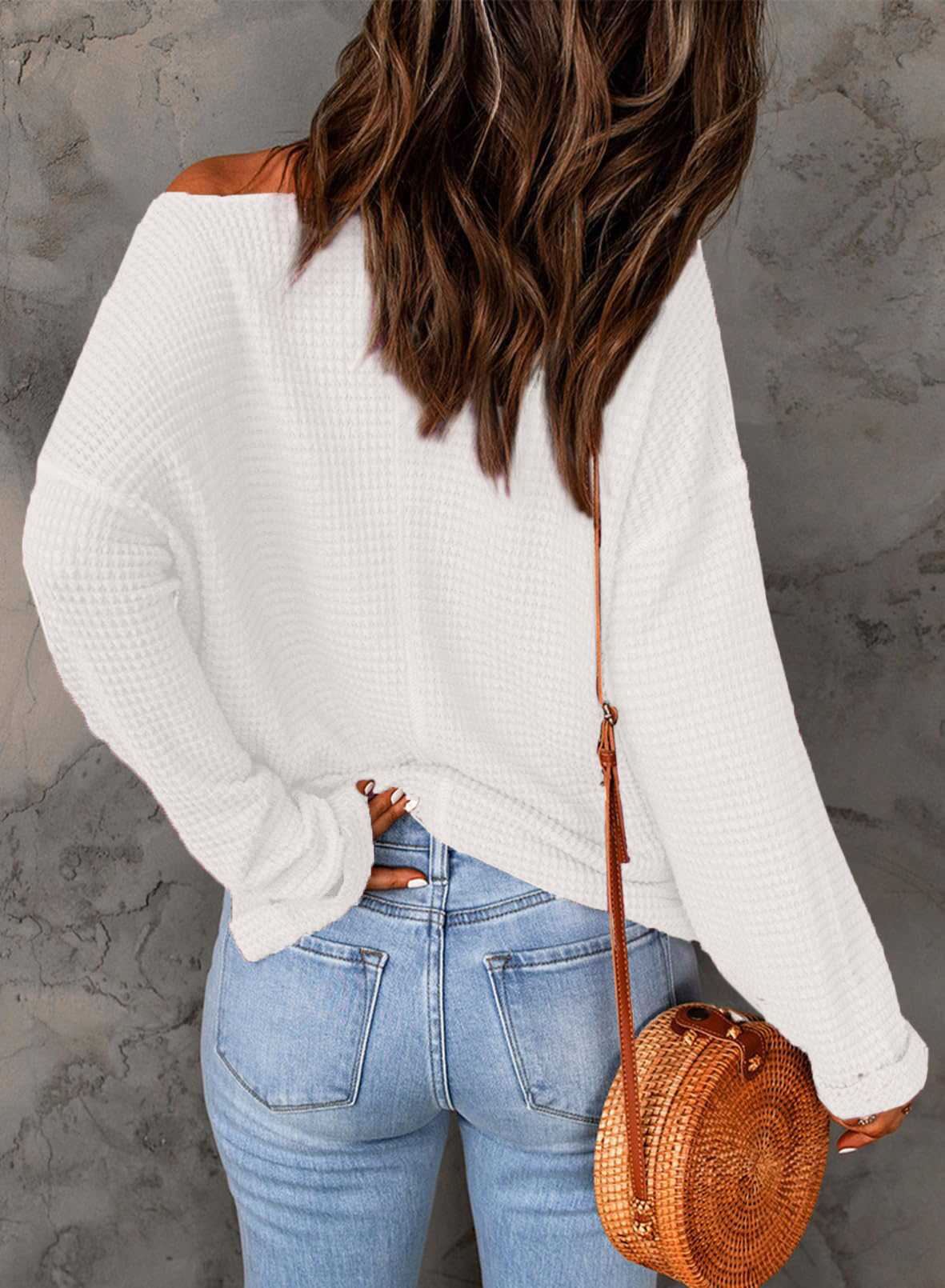 Casual Notched Neck Drop Shoulder Waffle Knit Top