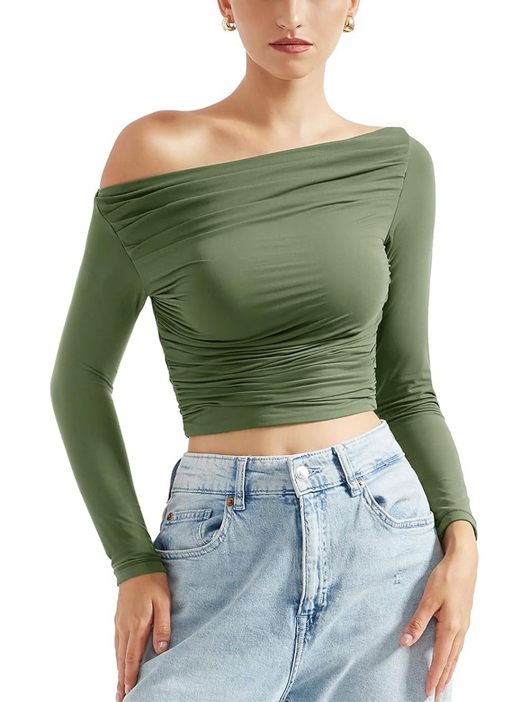 HOT SALE Women's Off Shoulder Ruched Long Sleeve Fitted Crop Tops