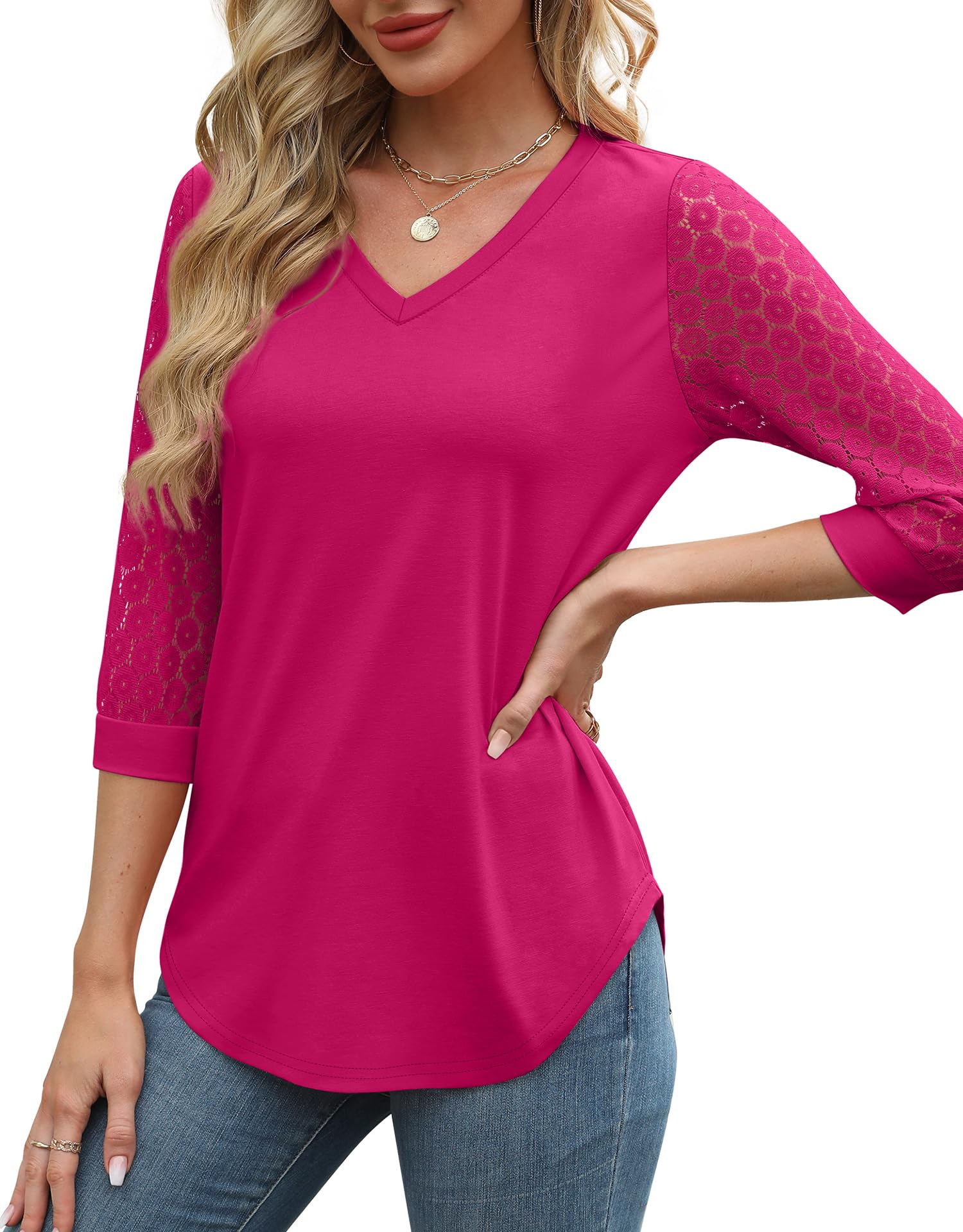 3/4 Length Sleeve Womens Tops V-Neck Lace Tunic Tops Business Casual Blouses (BUY 3 FREE SHIPPING)