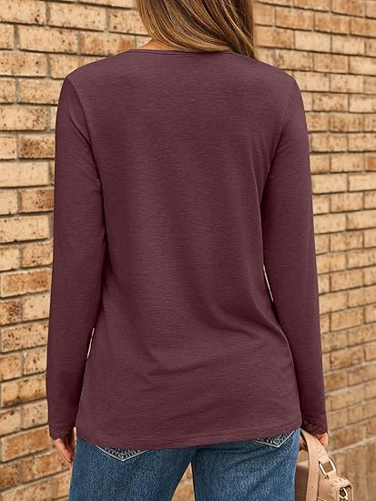 V Neck T Shirts for Women Lace Long Sleeve Tops