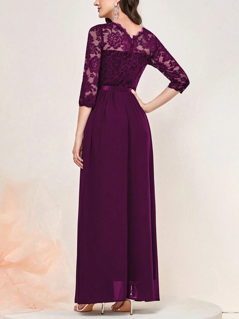Floral Lace 3/4 Sleeve Bodice Ribbon Pleated Party Maxi Dress