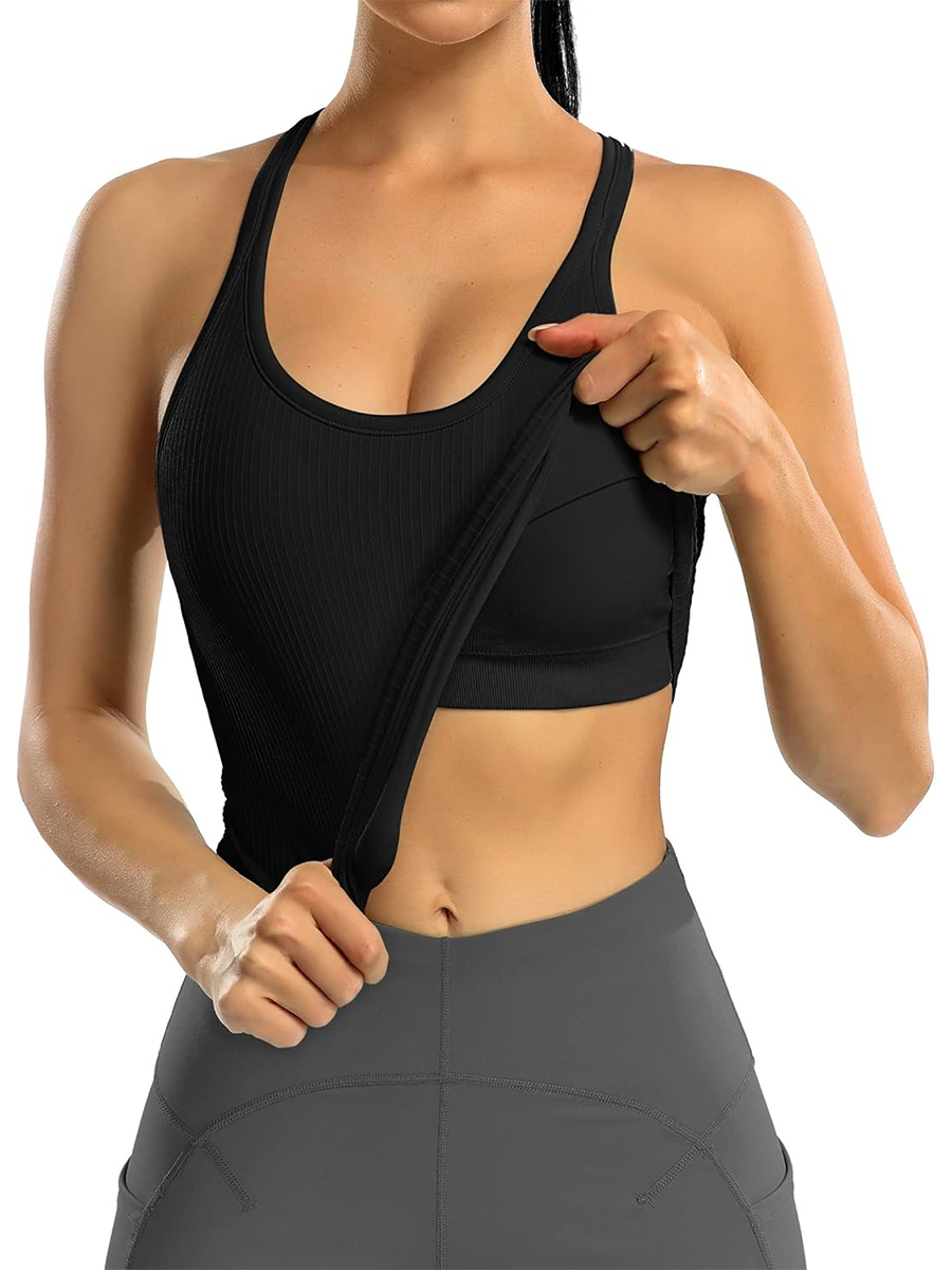 Women's Ribbed Workout Crop Racerback Tank Tops with Built in Bra
