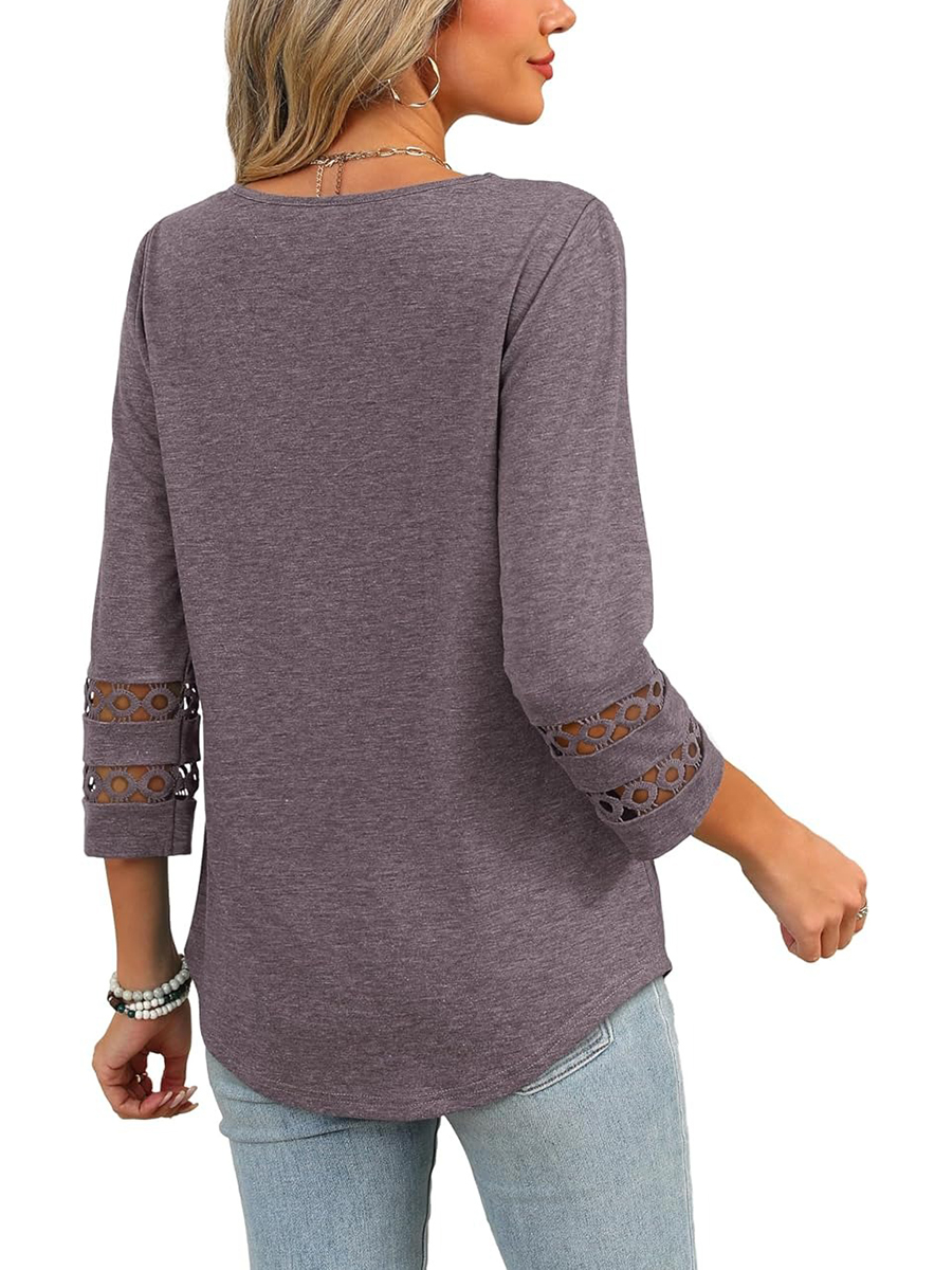 Women's Dressy Casual V Neck Hollow 3/4 Length Sleeve Tops