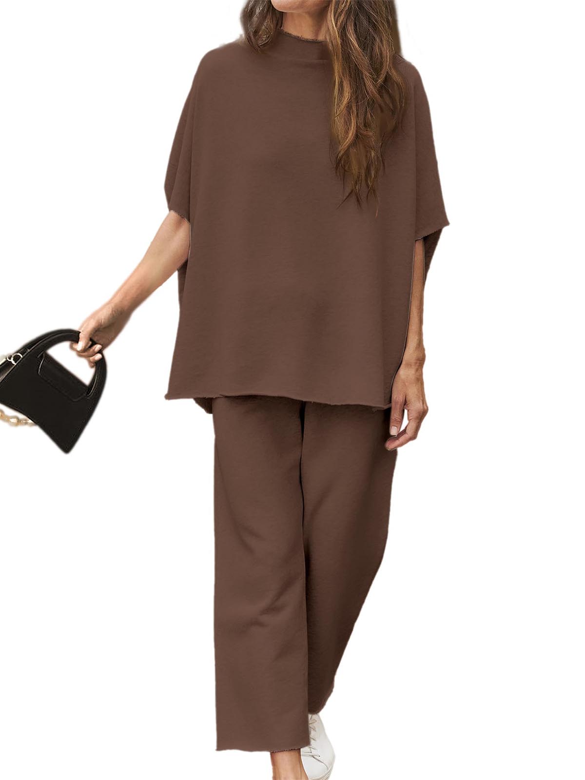 Limited time sale🔥Women's 2 Piece Outfits 3/4 Batwing Sleeve Pullover Top Wide Leg Pants Lounge Set