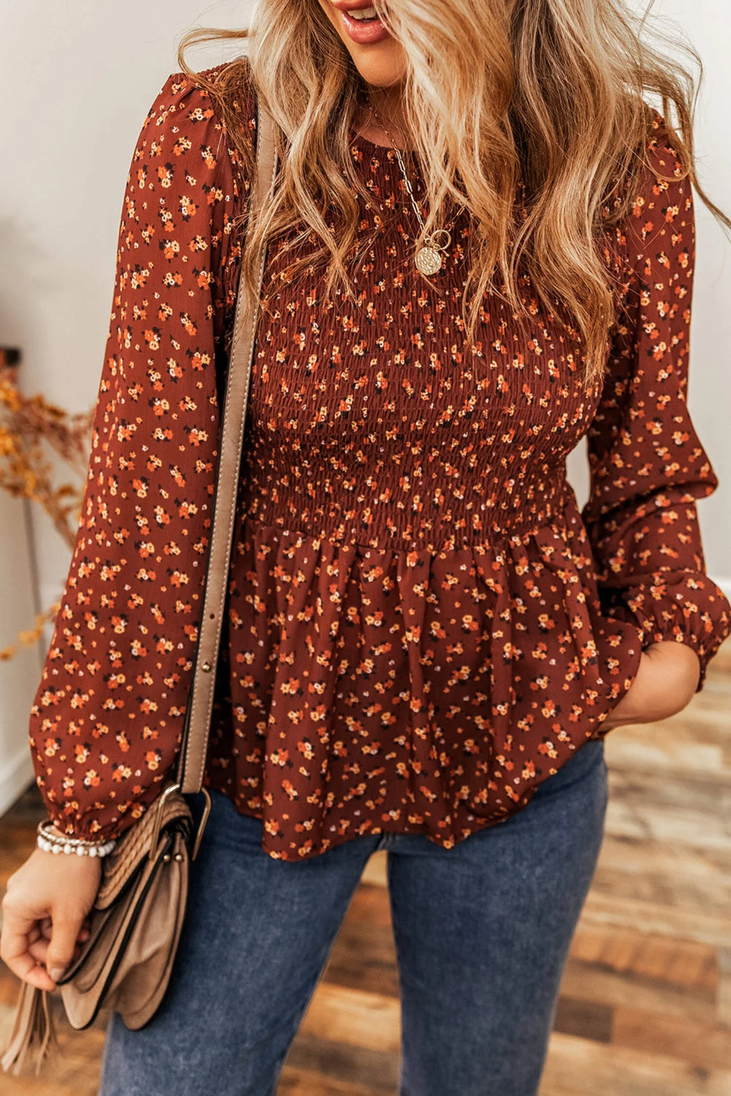 Ditsy Floral Print Boho Smocked Ruffled Peplum Blouse(Buy 2 Free Shipping)