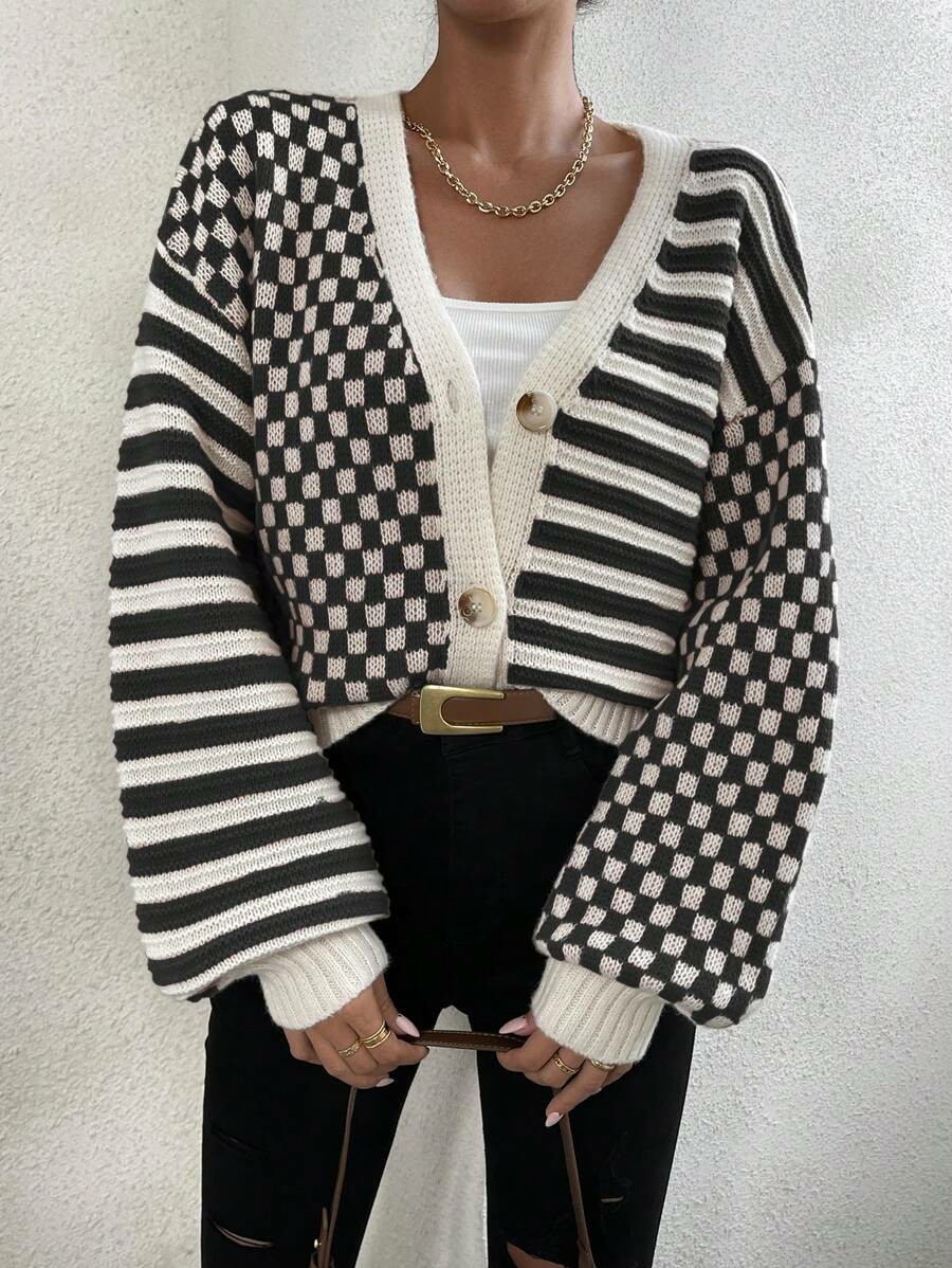 Women's Checker Plaid Striped Pattern Button Up V Neck Cardigan
