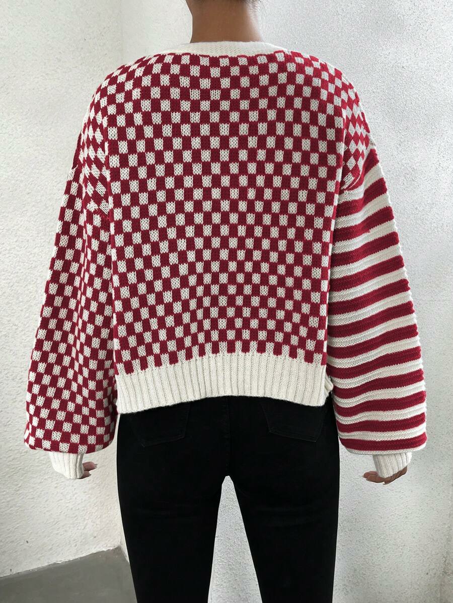 Women's Checker Plaid Striped Pattern Button Up V Neck Cardigan