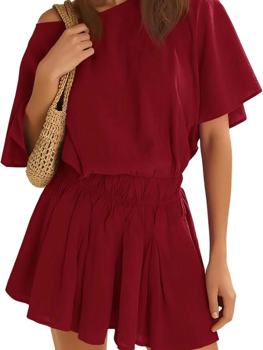 Women’s Casual Short Sleeve Elastic Waist Loose Flowy Mini Skirt Dress