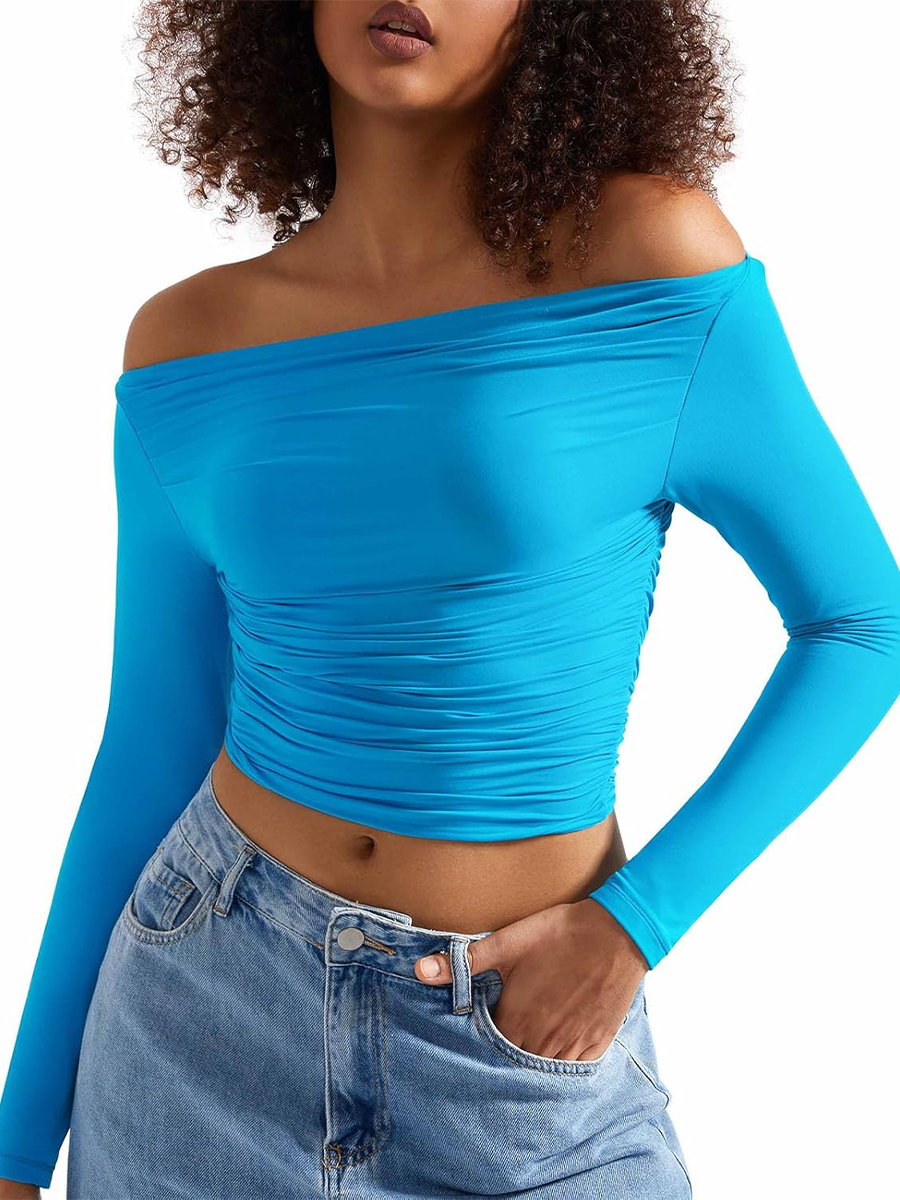 HOT SALE Women's Off Shoulder Ruched Long Sleeve Fitted Crop Tops