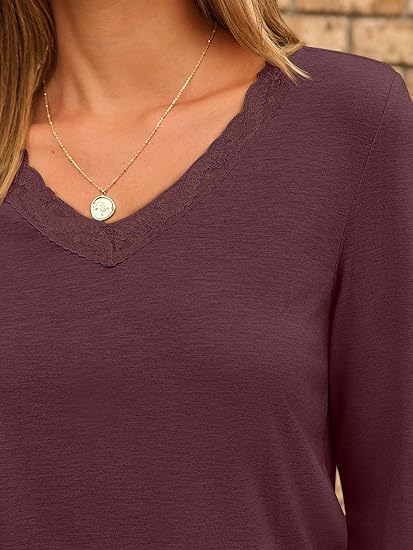 V Neck T Shirts for Women Lace Long Sleeve Tops