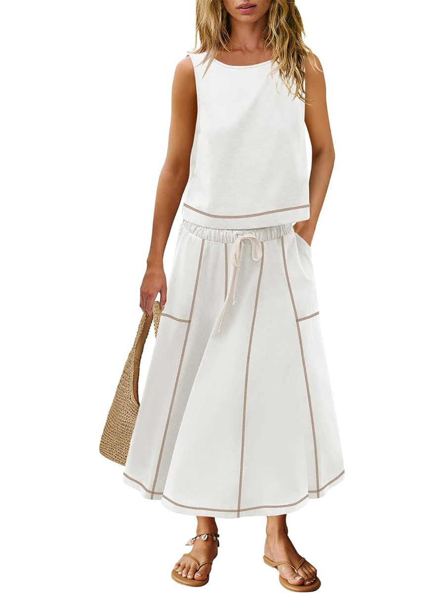 Women's Casual Seam Tank Top and Drawsting Pockets Skirt 2 Piece Set