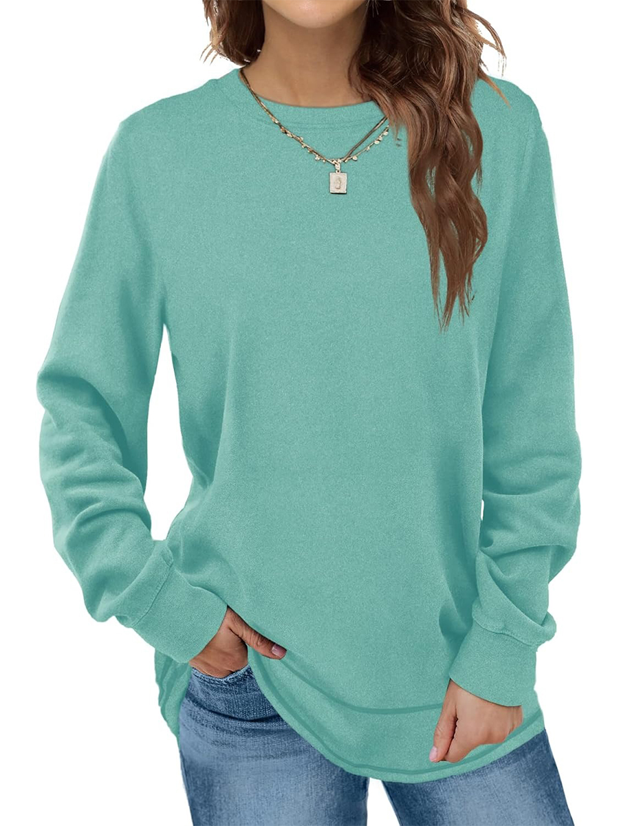 HOT SALE Women's Crewneck Long Sleeve Sweatshirt Curved Hem Tunic Tops