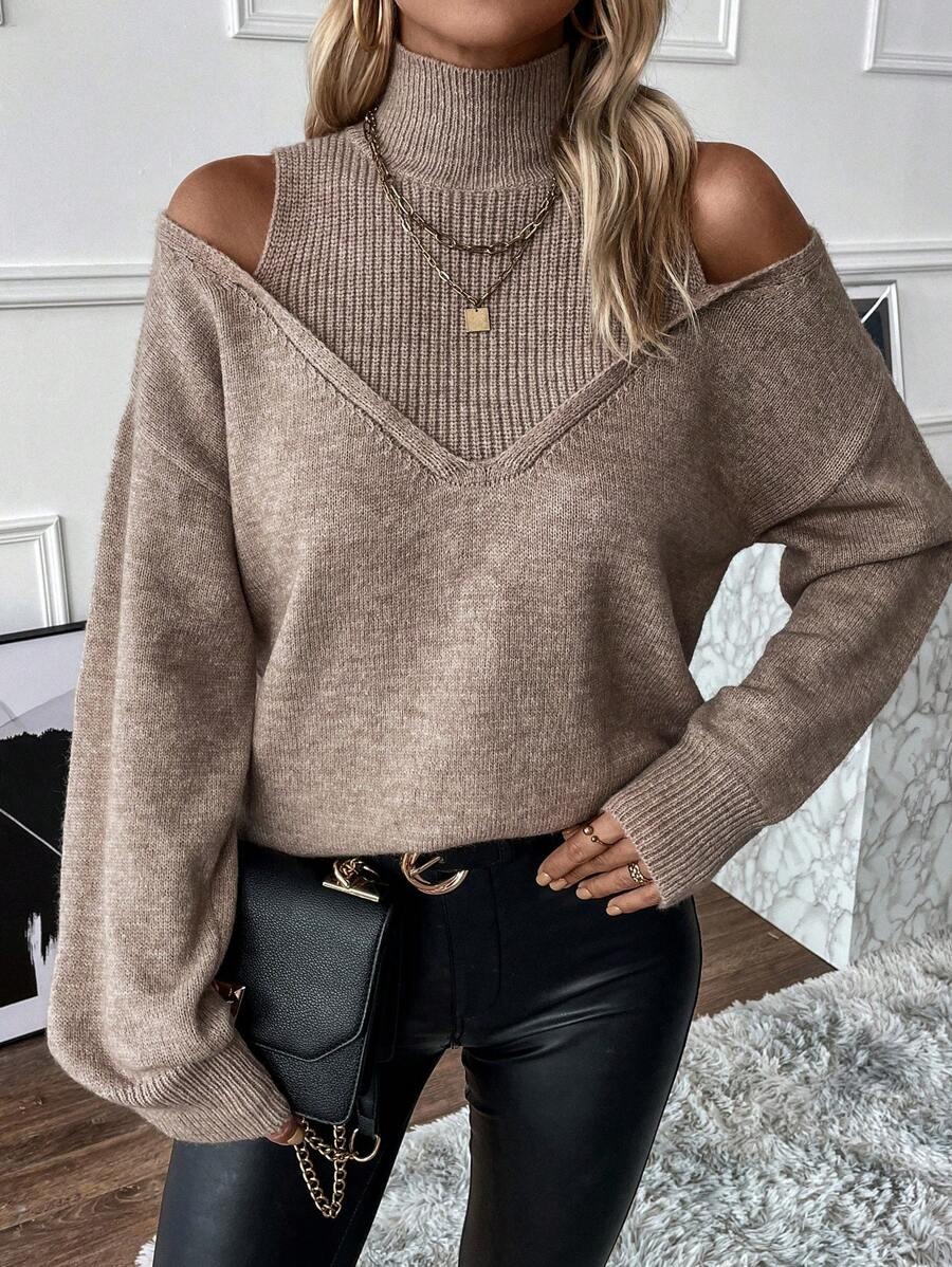 HOT SALE Women's Turtleneck Cold Shoulder 2 In 1 Sweater