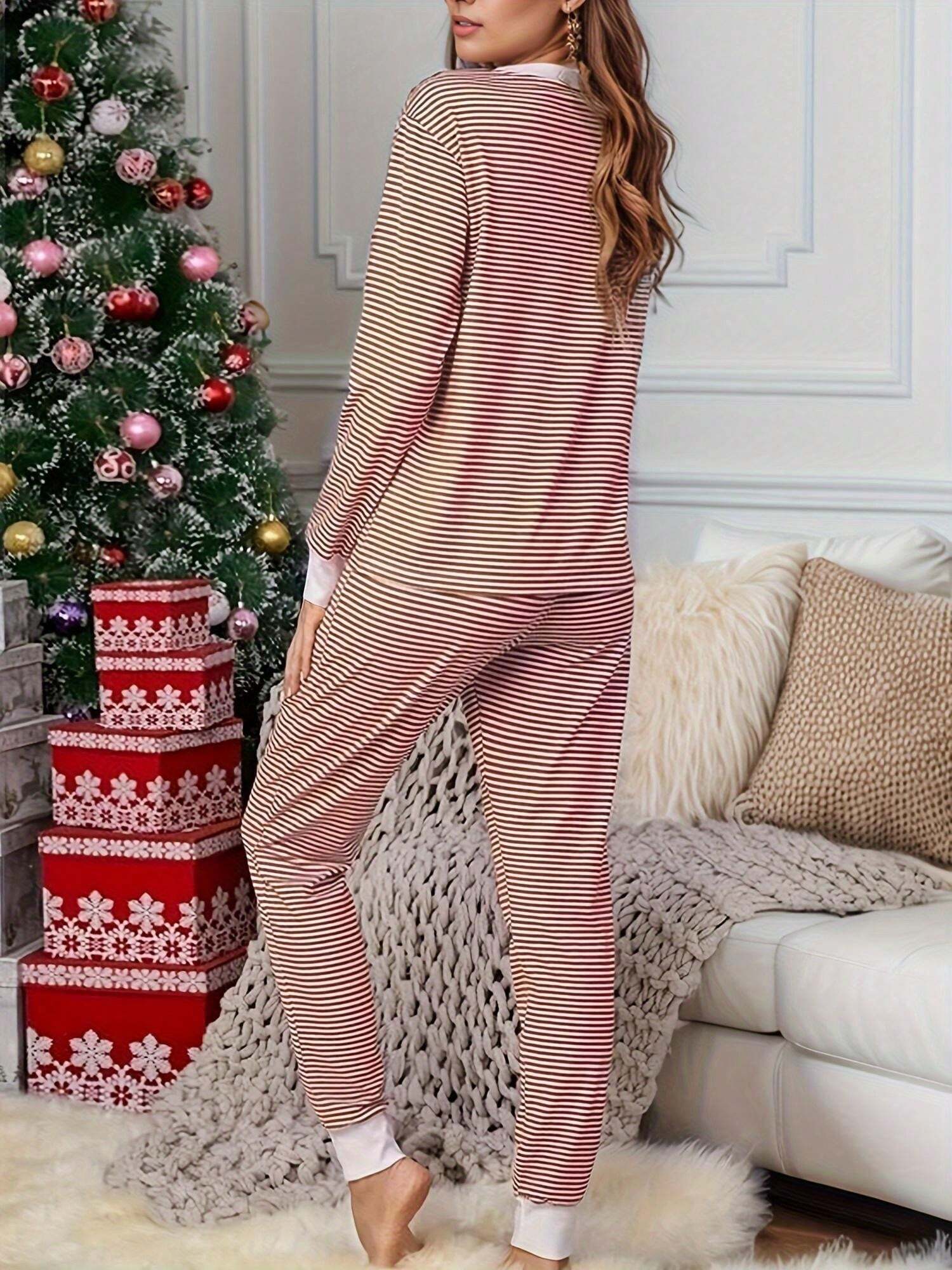 2pcs Christmas Striped V-Neck Long Sleeve Pajama Set, Autumn/Winter