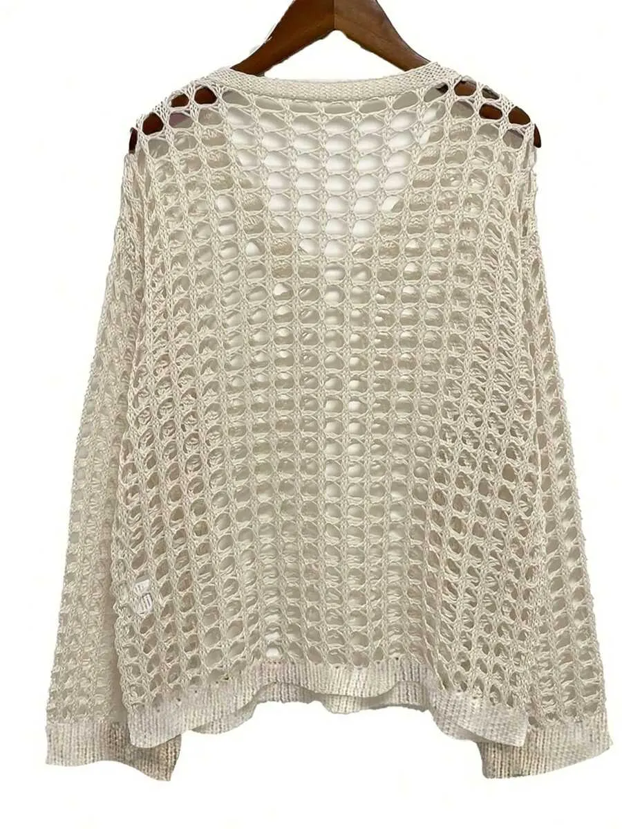 Women's Casual Loose V Neck Hollow Out Long Sleeve Coverups