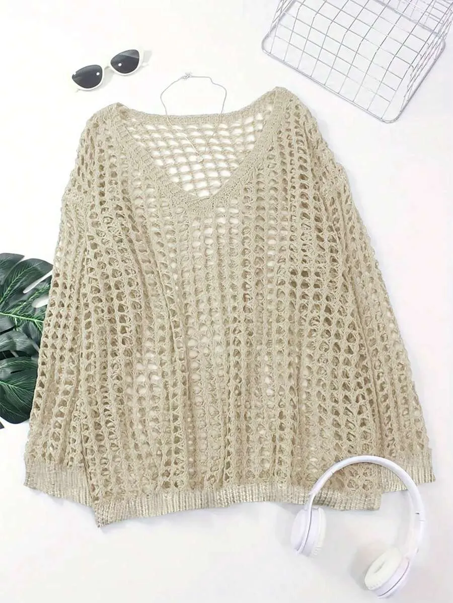 Women's Casual Loose V Neck Hollow Out Long Sleeve Coverups