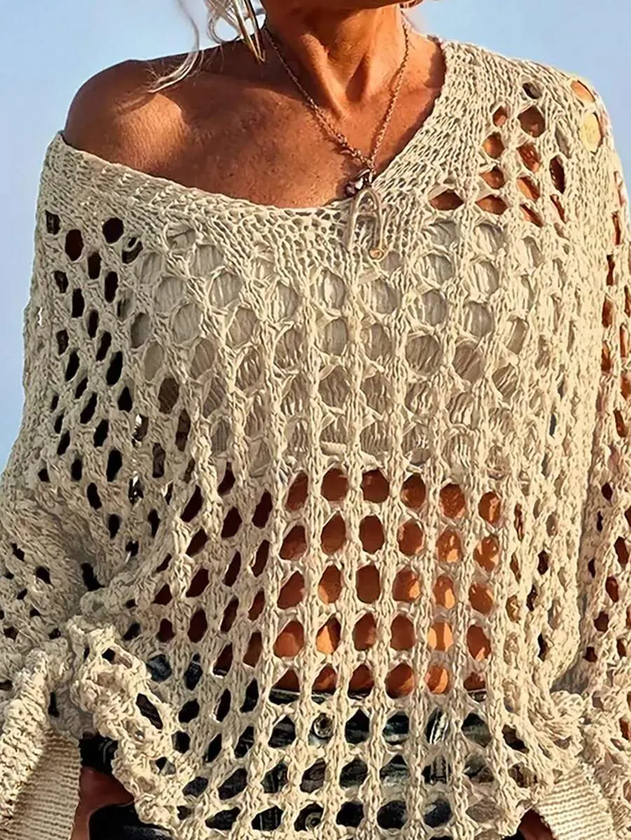 Women's Casual Loose V Neck Hollow Out Long Sleeve Coverups