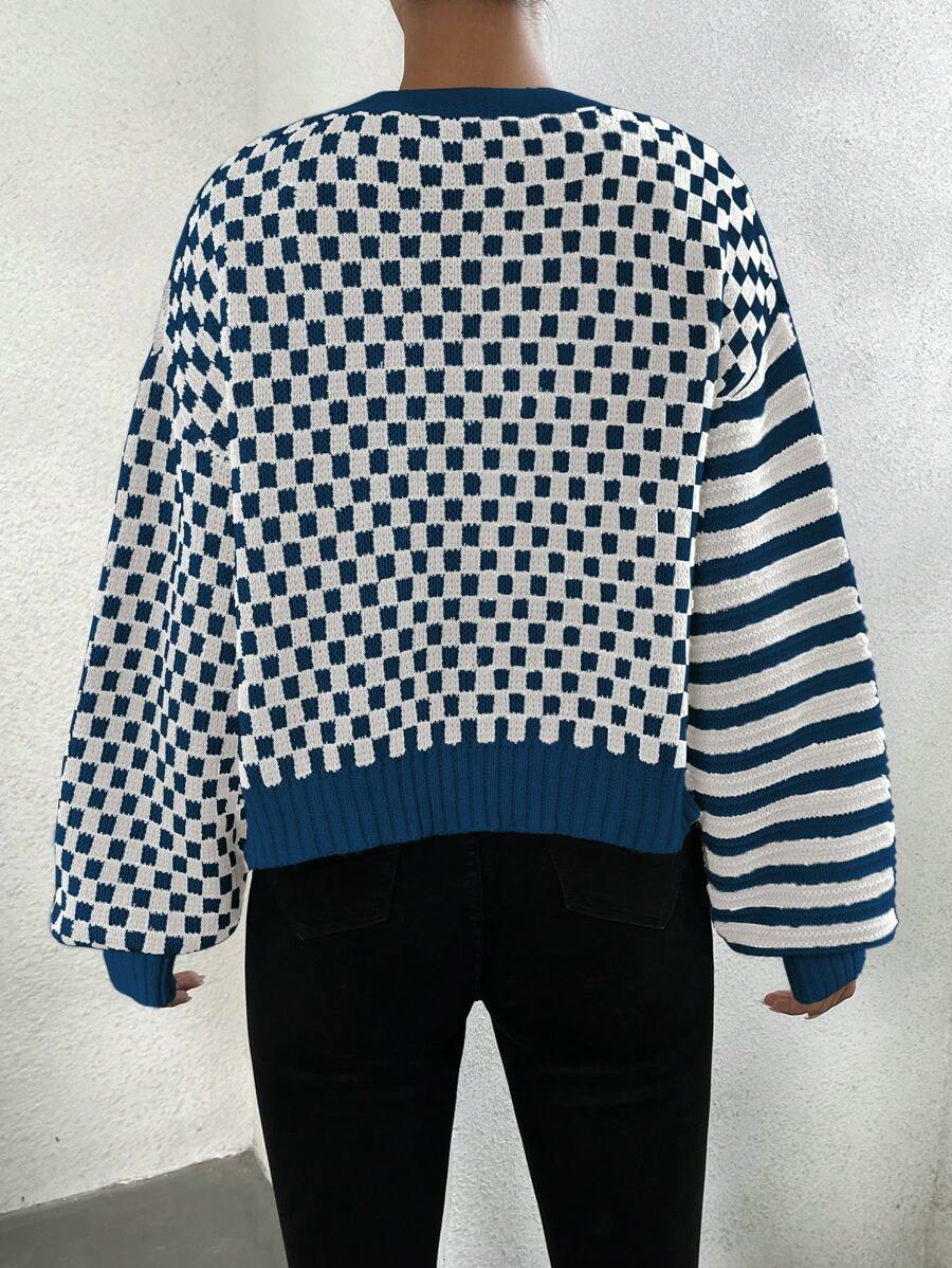 Women's Checker Plaid Striped Pattern Button Up V Neck Cardigan