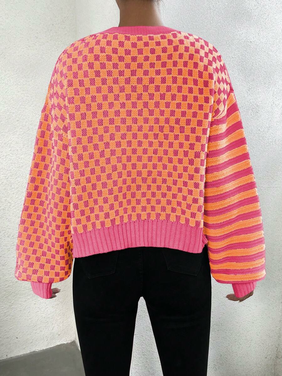 Women's Checker Plaid Striped Pattern Button Up V Neck Cardigan