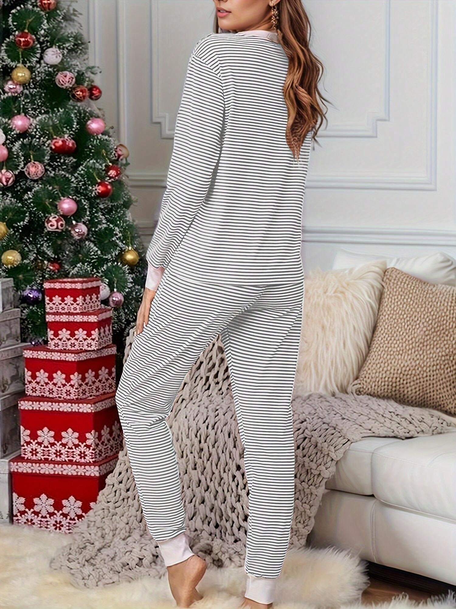 2pcs Christmas Striped V-Neck Long Sleeve Pajama Set, Autumn/Winter