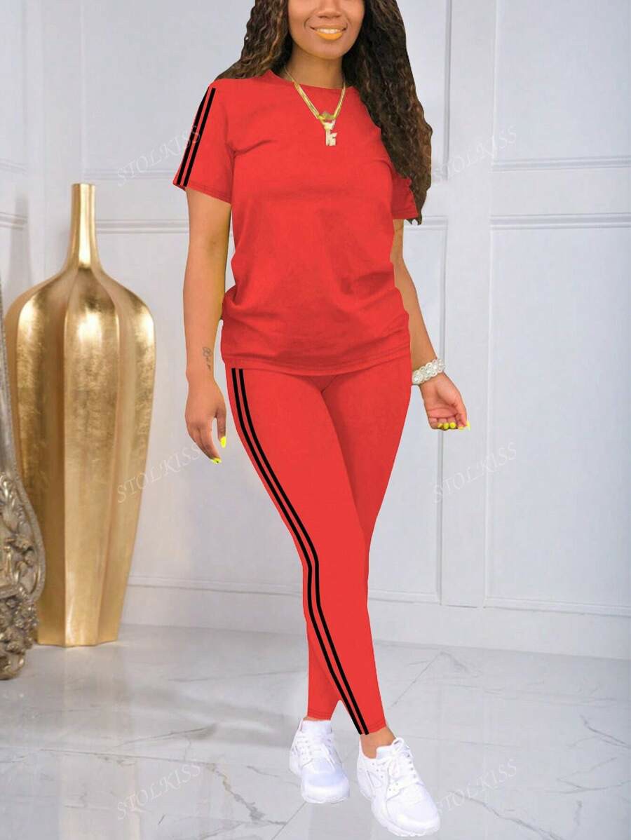 Women's Striped Round Neck Short Sleeve Sports Top And Pants Set